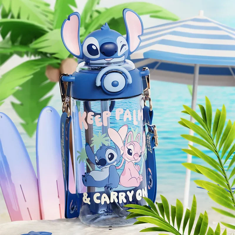 Disney Periphery stitck water bottles 650ML Large Plastic Cup Cartoon Animation Large Capacity Space Straw Cup Car Kid Gift