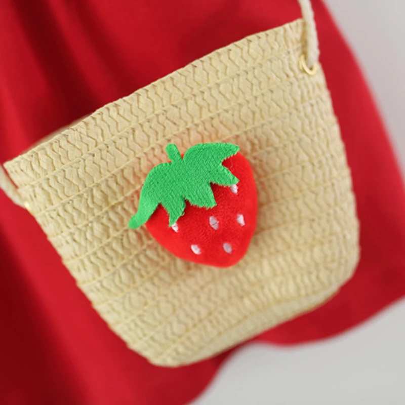 Baby Girl Bow Red Strawberry Dress Summer Element Knit Doll Collar Sleeveless Dress Baby Girl Dress with Bag 6
