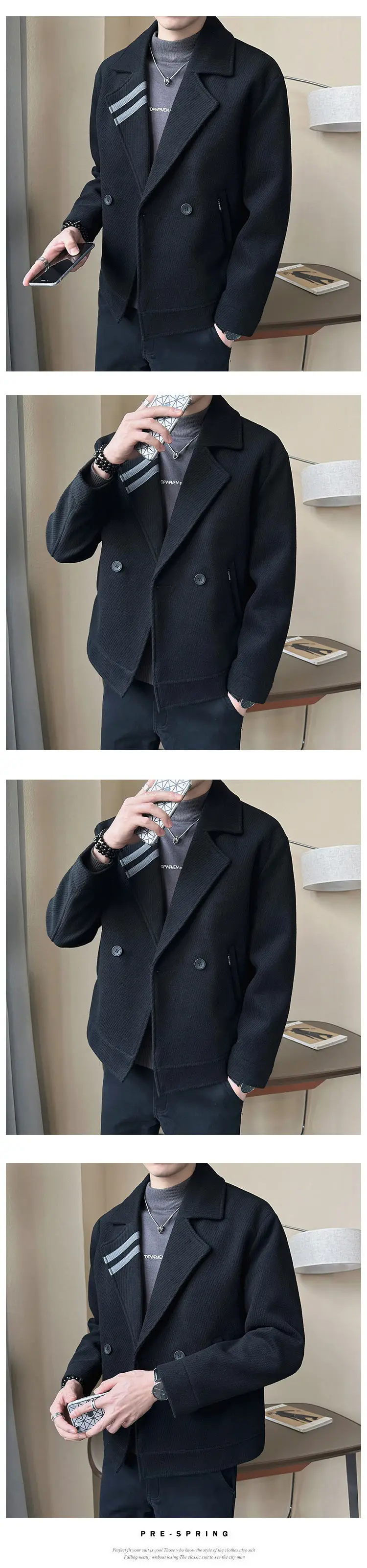 Description Picture 3 of itemTop Quality Men's Fall Winter Short Woolen Coat Double-breasted Men's Solid Color Padded Padded Warm Woolen Jacket Men's Coats
