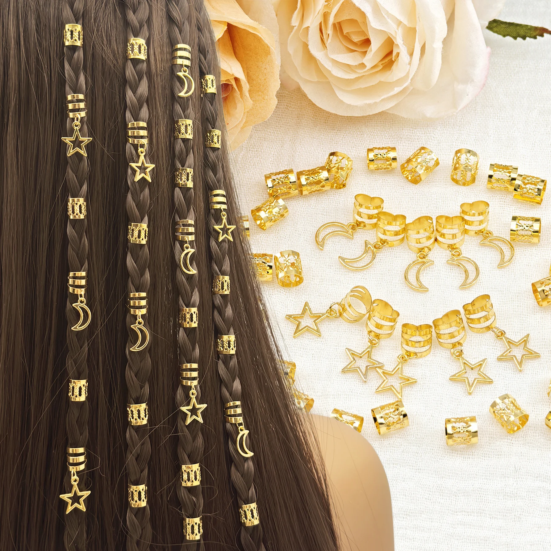 40-teiliges Haarschmuck-Set in Stern- und Mondform, goldfarbene, personalisierte Dreadlocks-Zöpfe, Dekorationen, Haarspangen, Schulmaterial