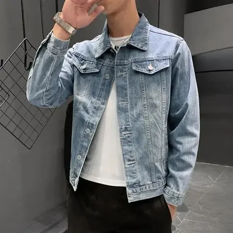 thumbnail image 1 of Abrigos de mezclilla para hombre, chaqueta vaquera con botones azules para otoño, chaqueta vaquera para hombre con bolsillo, precio económico, ropa de abrigo elegante de invierno de gran tamaño, venta, 1 of 5