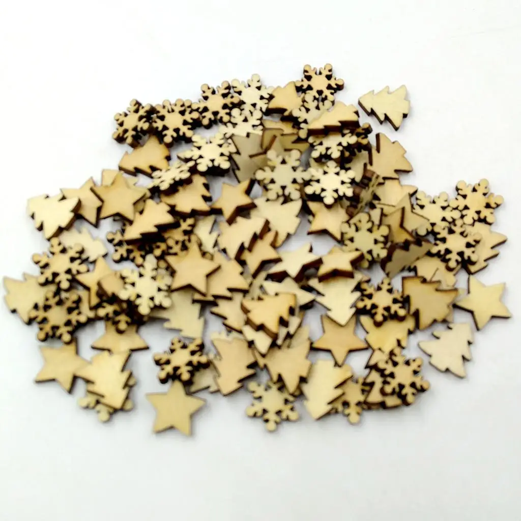 2-4pack 100 Pieces Assorted Wood Star Christmas Tree Snowflake Embellishments