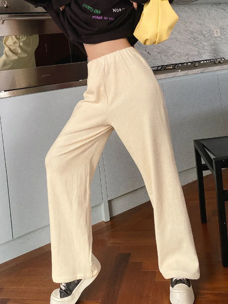 white capri leggings GVUW 2022 Spring Women's Pant New Fashion High Waist Solid Color Loose Corduroy Straight Wide Leg Trousers Female Tide 20A764 cargo pants for women