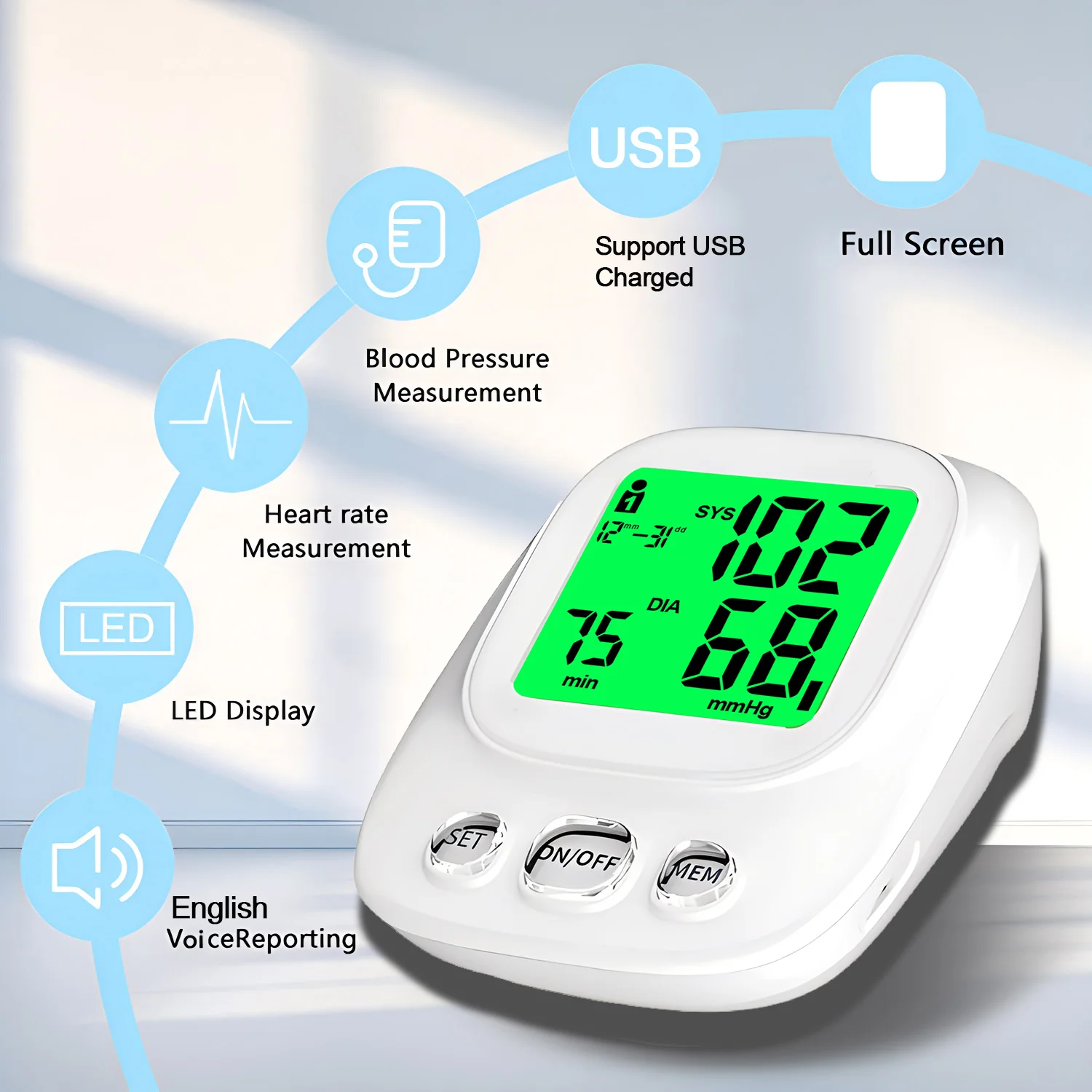 Digital Blood Pressure Monitor Equipment Automatic Sphygmomanometer Medical Portable Tonometer Tensiometer Heart Rate Meter Cuff