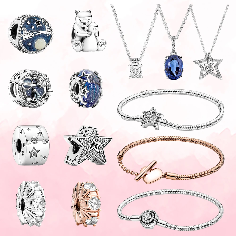 

2023 Blue Charm Pavé Asymmetric Star Collier Necklace Heart T-Bar Snake Chain Bracelet Silver 925 Sparkling Rose Gold Jewelry