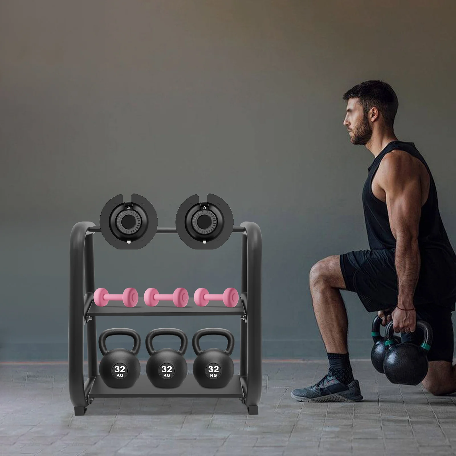 Home Gym Workout Equipment Aufbewahrungsregal, Gewichtsregal, multifunktionales Aufbewahrungsregal für Kettlebells, Hanteln, Hanteln – Detail 2