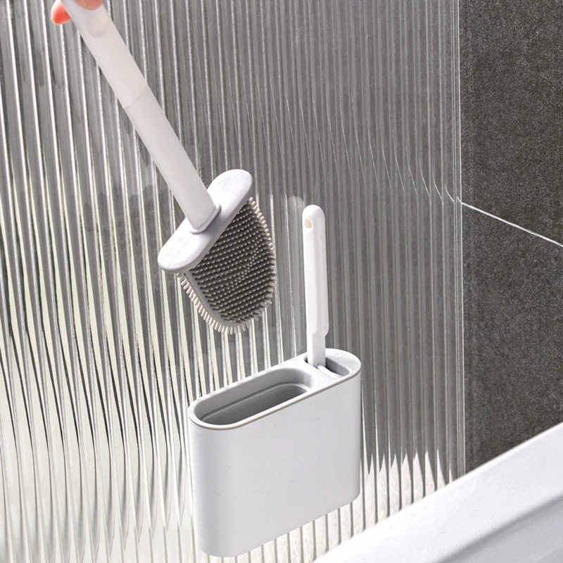 2PCS/set Toilet Brush Water Leak Proof with Base Silicone Wc Flat Head Flexible Soft Bristles Brush with Quick Drying Holder