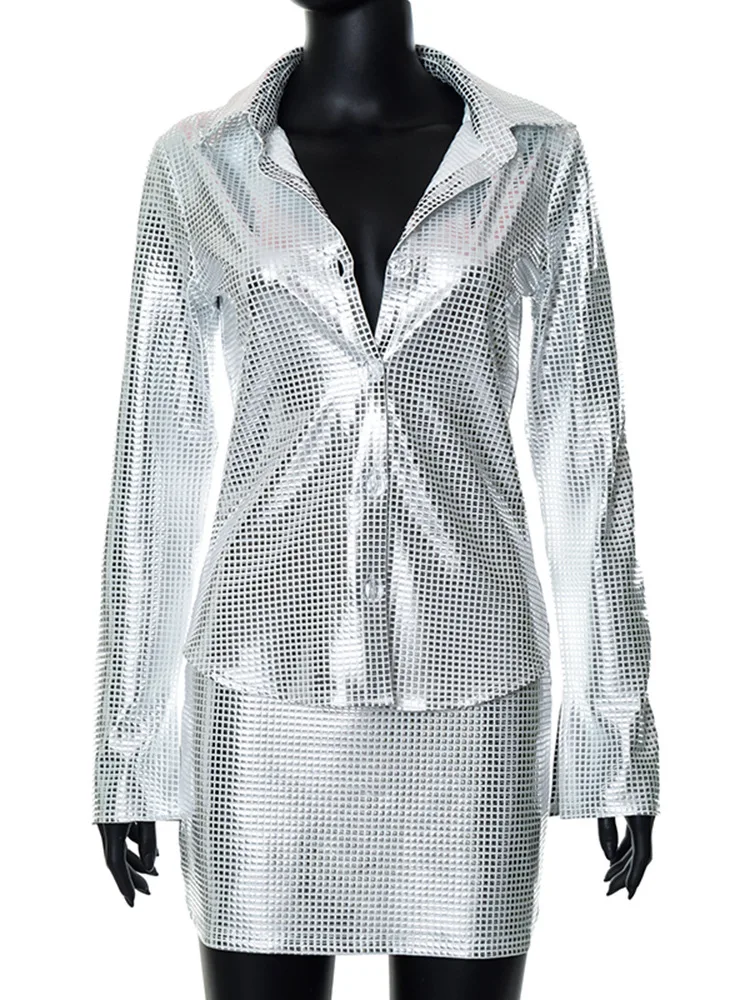 2022 Leather Polo Neck Long Sleeve Plaid Print Buttons Top Skirts 2 Pcs Set Winter Fashion Streetwear Party Y2K Outfit