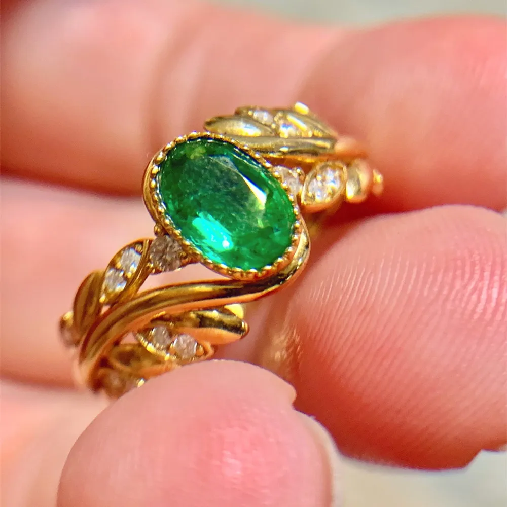 UBESTNICE Classic Real 18K Solid Yellow Gold Jewelry Au750 Wheat Ear Natural Diamonds Vivid Green Emerald Rings for Women Gift 2