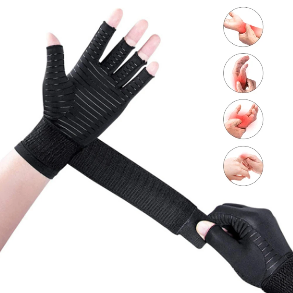 Compression Arthritis Gloves 1 Pairs Half Gloves with Strap Carpal Tunnel Typing Joint Pain Relief Women Men Therapy Wristband