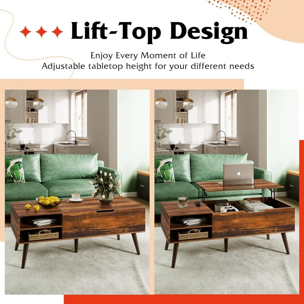 Coffee Table, 47“ Lift Top Coffee Tables with Adjustable Storage Shelf and Hidden Compartment, Lift Tabletop Dining Table 4