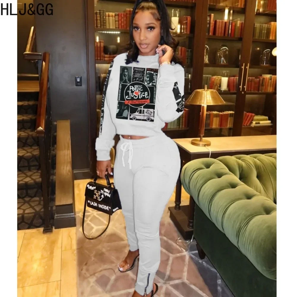 HLJ&GG White Autumn Casual Pattern Print Two Piece Sets Women Round Neck Long Sleeve Top+Jogger Pants Outfits Female Tracksuits