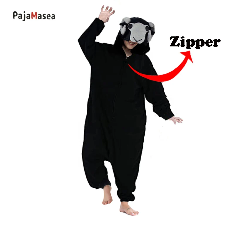 Zipper Goat Adult Men Woman Onesie Pajama Fleece Cartoon Black Bighorns Cosplay Kigurumi Costumes Jumpsuit Birthday Pijama