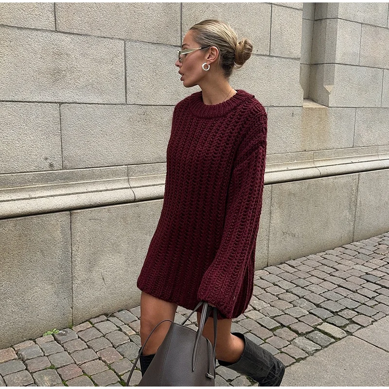 Casual Knitted Solid Mid Long Sweaters Women Loose O-neck Long Sleeve Dark Red Pullover Sweaters Female Autumn Chic Street Tops