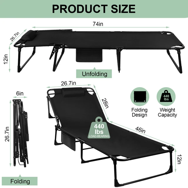 Portable Folding Camping Cot - 3-Position Adjustable Reclining Lounge Chair with Pillow, Outdoor Sleeping Bed (68cm Wide) 3