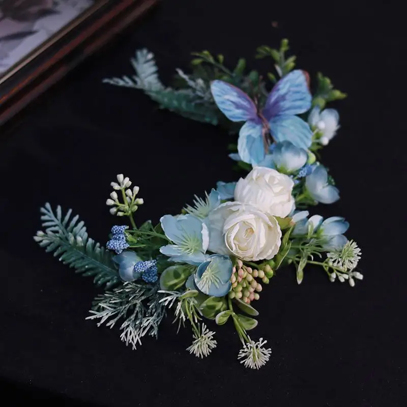 Mori simple location bridal headdress blue silk flower Chinese classical wedding hair accessories seaside vacation