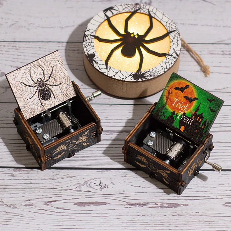 Halloween Wooden Hand-cranked Music Box, Horror Night Painted Music Box, Wooden Pumpkin Ornament, Ghost Festival Gift, Music Box 3