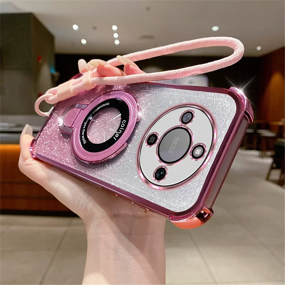 Glitter Shockproof Magnetic Bracket Phone Case with Lanyard Strap and Rope Attachment