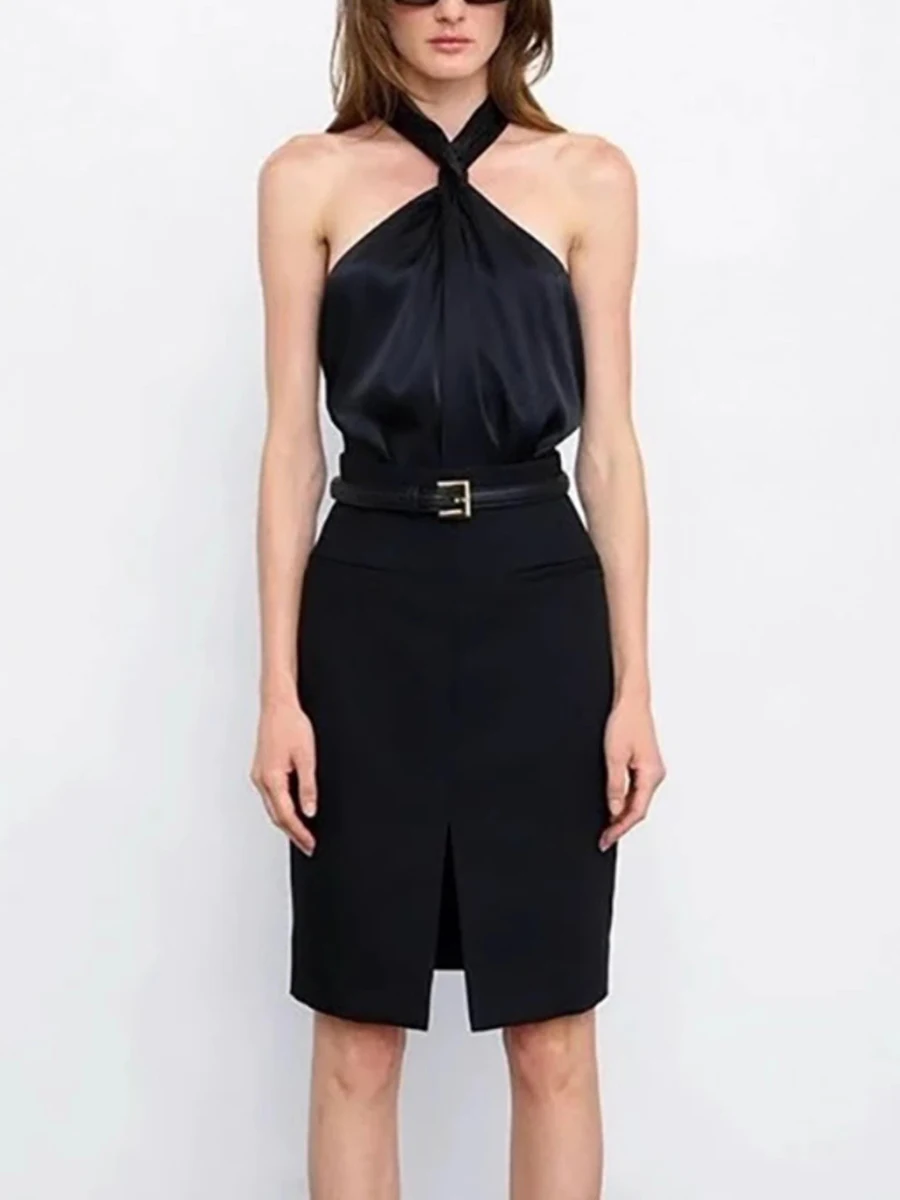 TWOTWINSTYLE Solid Minimalist Slimming Skirts For Women High Waist Bodycon Split Patchwork Belt Skirt Female Fashion Clothing