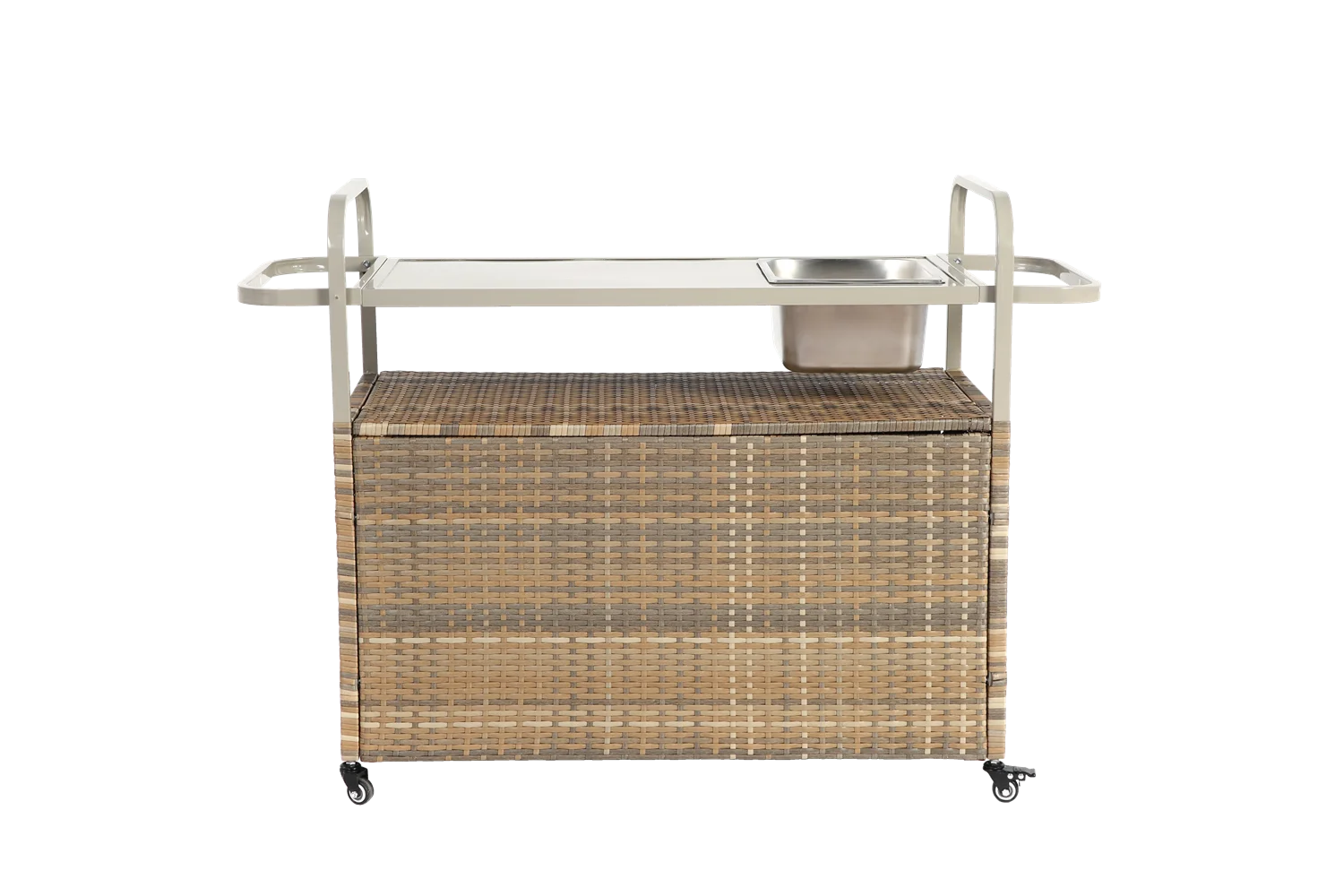 Outdoor Bar Table, Wicker Bar Cart with Cabinet, Patio Serving Cart with steel Top, icebucket, Side Basket, Lockable Wheels