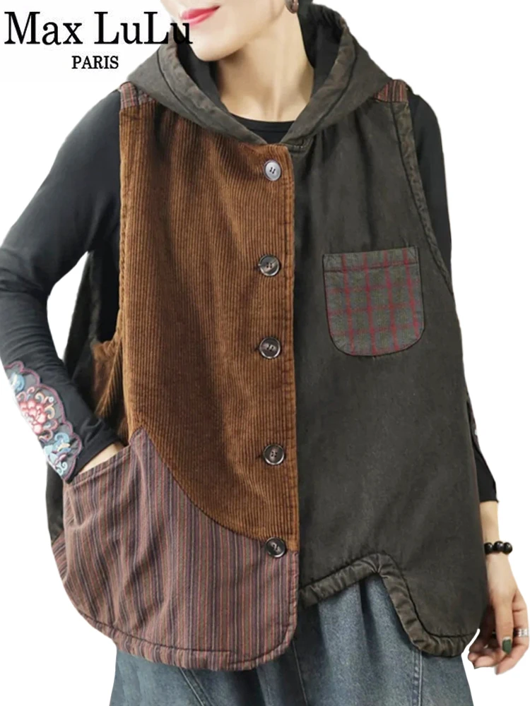 

Max LuLu Winter Fashion Sleeveless Clothes Womens Hooded Loose Corduroy Denim Padded Vest Ladies Vintage Coats Casual Waistcoats