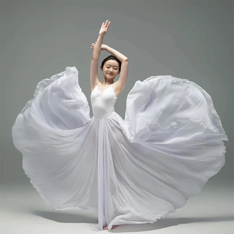 

White Elegant 720 Degree Large Swing Skirt with Double layer Artificial Silk Flowing for Classical Ballet Modern Dance Practice