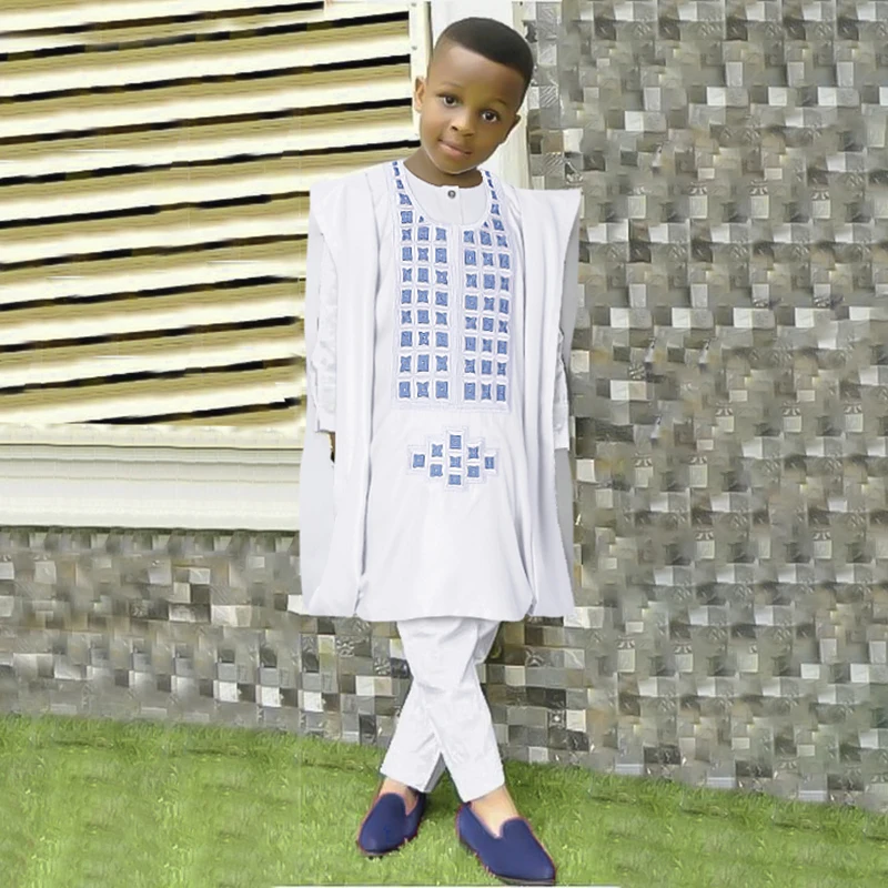 H&D 2022 African Tradition Clothes For Kids Boys Black Blue Long Sleeve Tops Embroidery Dashiki Robe Shirt Pant Child Set 3 PCS african parent child outfit wax print ankara short sleeve 100% cotton dashiki suit afripride s20f001