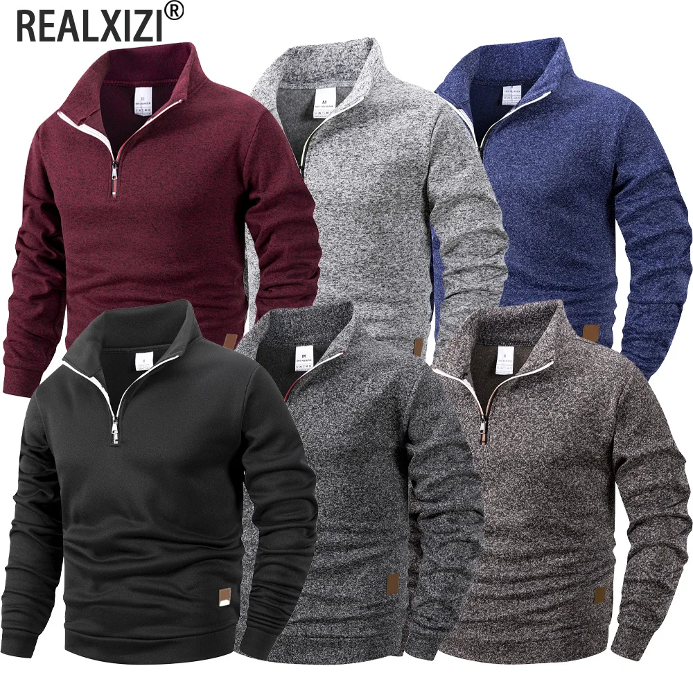 Pull à col montant pour homme, coupe cintrée, chaud, couleur unie, demi-fermeture éclair, manches longues, sweat-shirt décontracté, automne