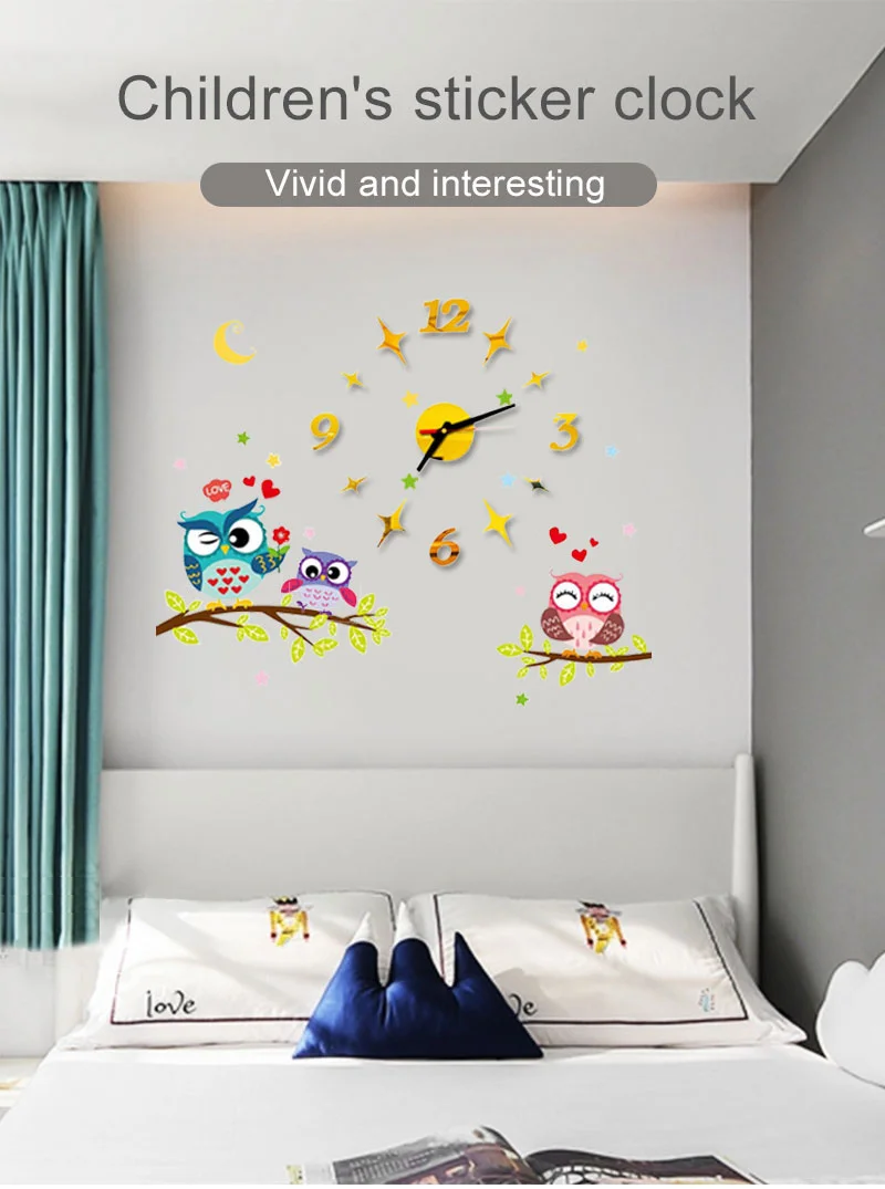 2022 Children'S Room 3D Diy Wall Clock Modern Home Decoration Owl Art Sticker Decal Acrylic Quartz Watch Living Wall Clocks