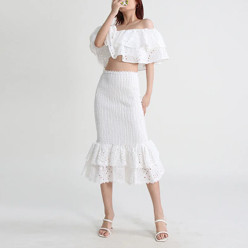 

Fashionable Temperament 2024 New Design Sense Hollowed Out One Shoulder Short Top+Hip Wrapped Fishtail Skirt Two-Piece Set