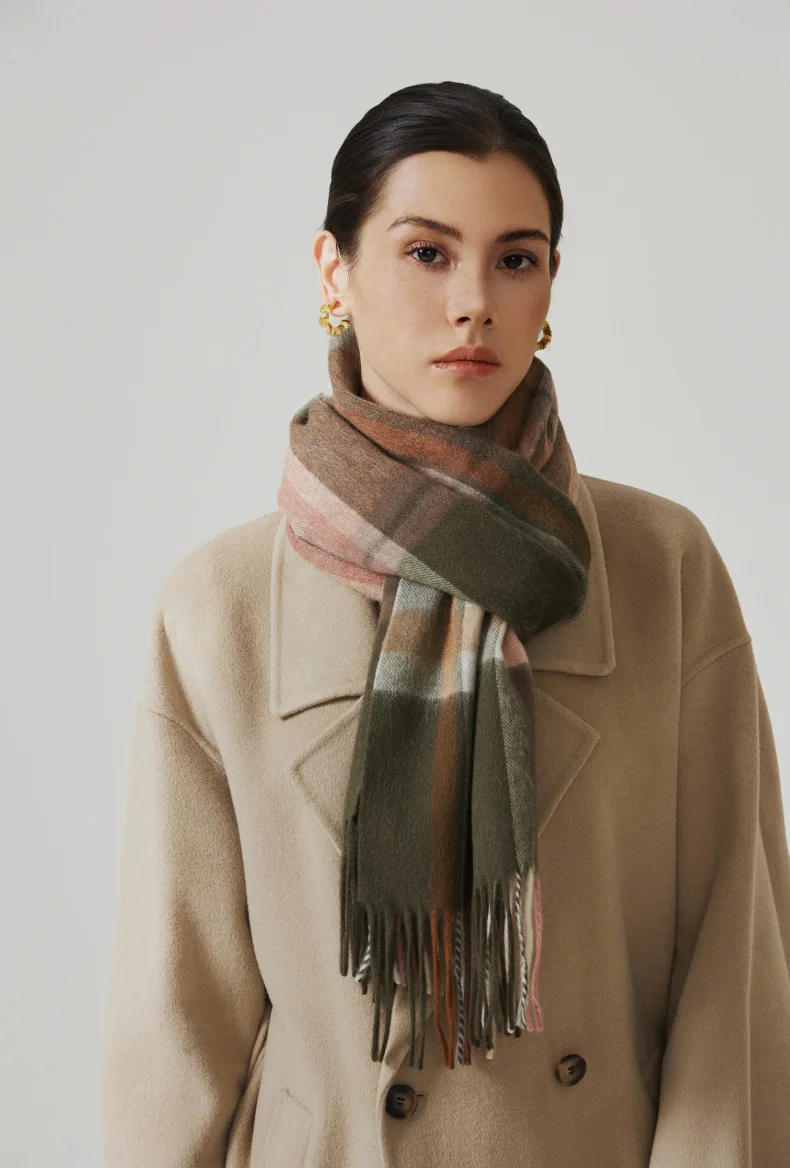 2024 New 100% Wool Scarf Winter Premium Plaid Shawl Versatile Simple Tassel Bib (30 Free Customized Embroidery Logo)