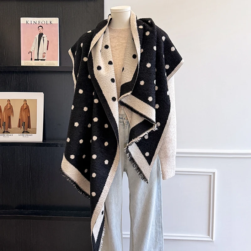 2025 Luxury Brand Women's Cashmere Scarf - Winter Warm Tasseled Striped & Polka Dot Printed Pashmina Shawl, Foulard & Poncho