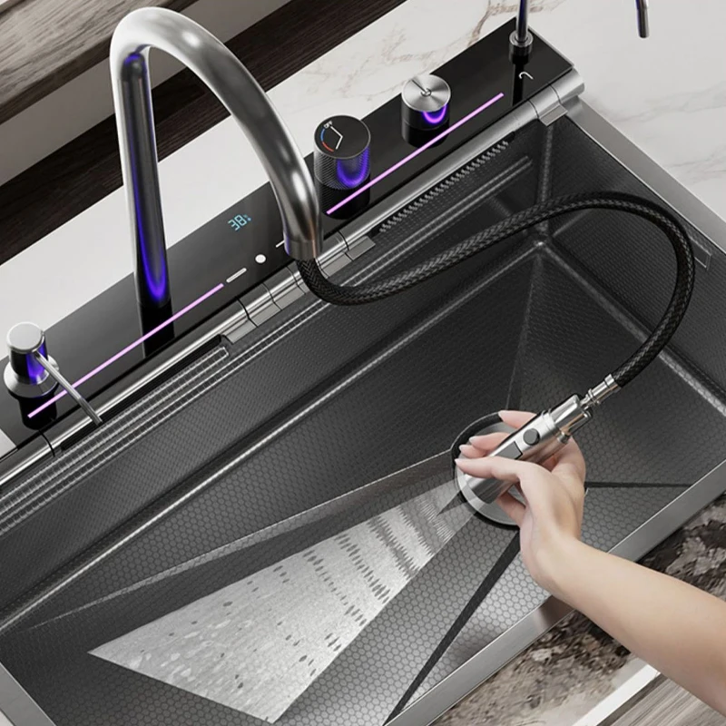 Grey Stainless Steel Waterfall Kitchen Sink Large Single Slot Integrated Digital Display Faucet Set Soap Dispenser Cup Washer 4