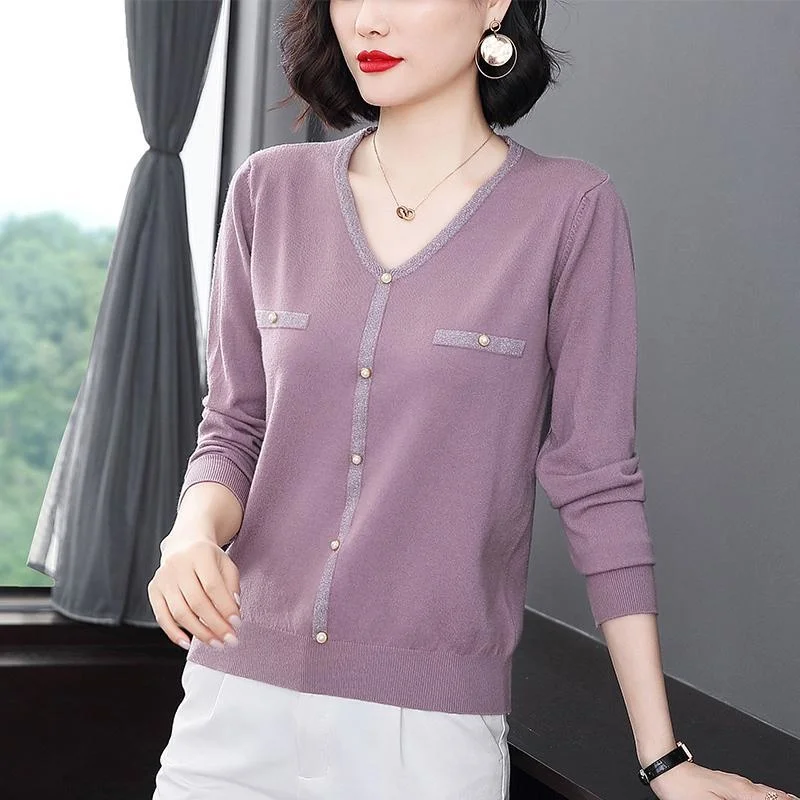 

Woman Summer New Ice Silk Short-sleeved T-shirt Female V-neck Asweater Knitted Thin Pullover Ladies Knitting Stretchy Tops G46