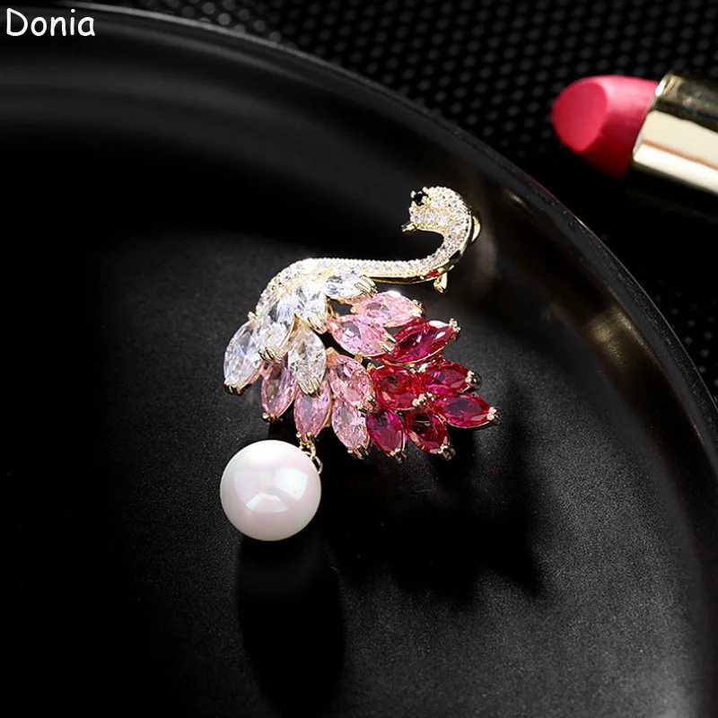 

Donia Jewelry Fashion Titanium Steel Micro-Inlaid AAA Color Zircon Bird Brooch Retro Pearl Luxury Pin