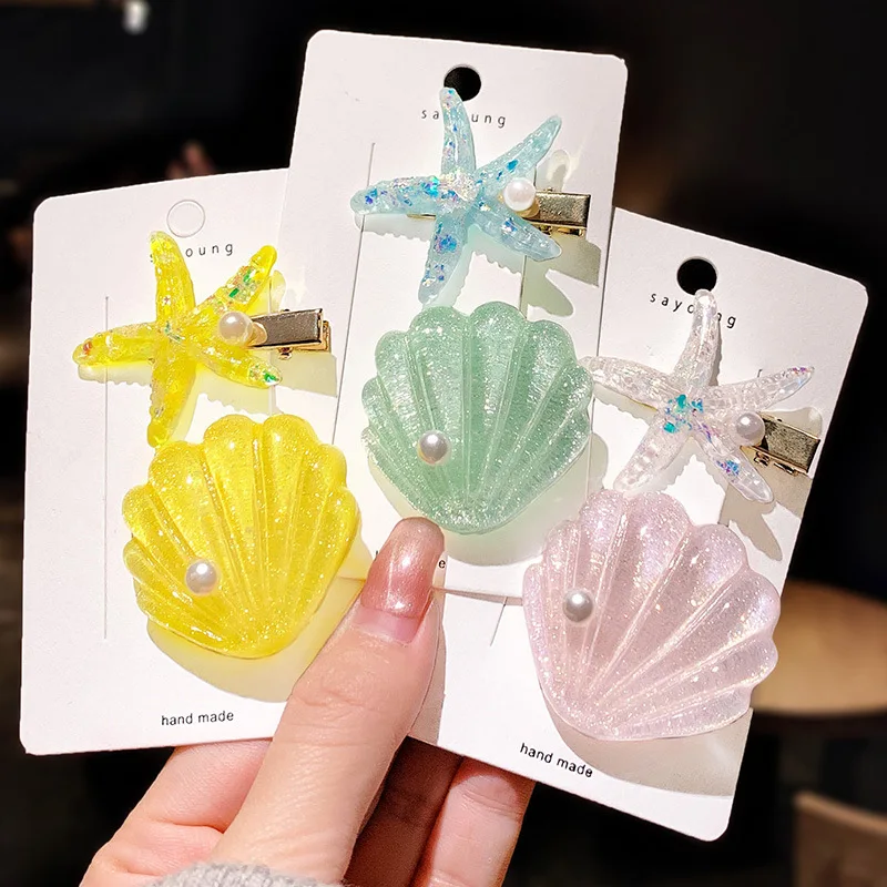 Acrylic Shell Starfish Girl Hair Clip Dopamine Transparent Side Clip Duck Mouth Clip Children's Gift Holiday Play 2024 7 pairs children s gift ideas pearl acrylic hoop earrings childrens jewelry box