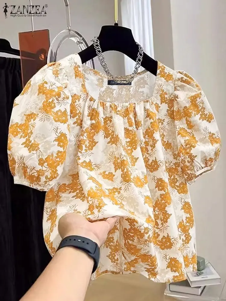 

Блузка ZANZEA женская с цветочным принтом, модная свободная плиссированная туника с буффами и коротким рукавом, в Корейском стиле, праздничный Топ, лето 2024