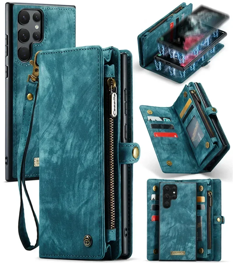 Luxury Leather Flip Wallet Phone Case with Zippered Card Holder