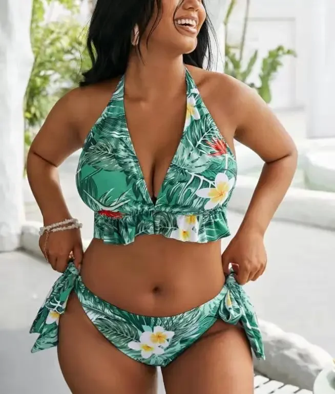 Large Size Bikini Set Large Cup Swimwear Women Retro Halter Neck Cross Swimming Suit Big Size Swimsuit Plus Size Bikini