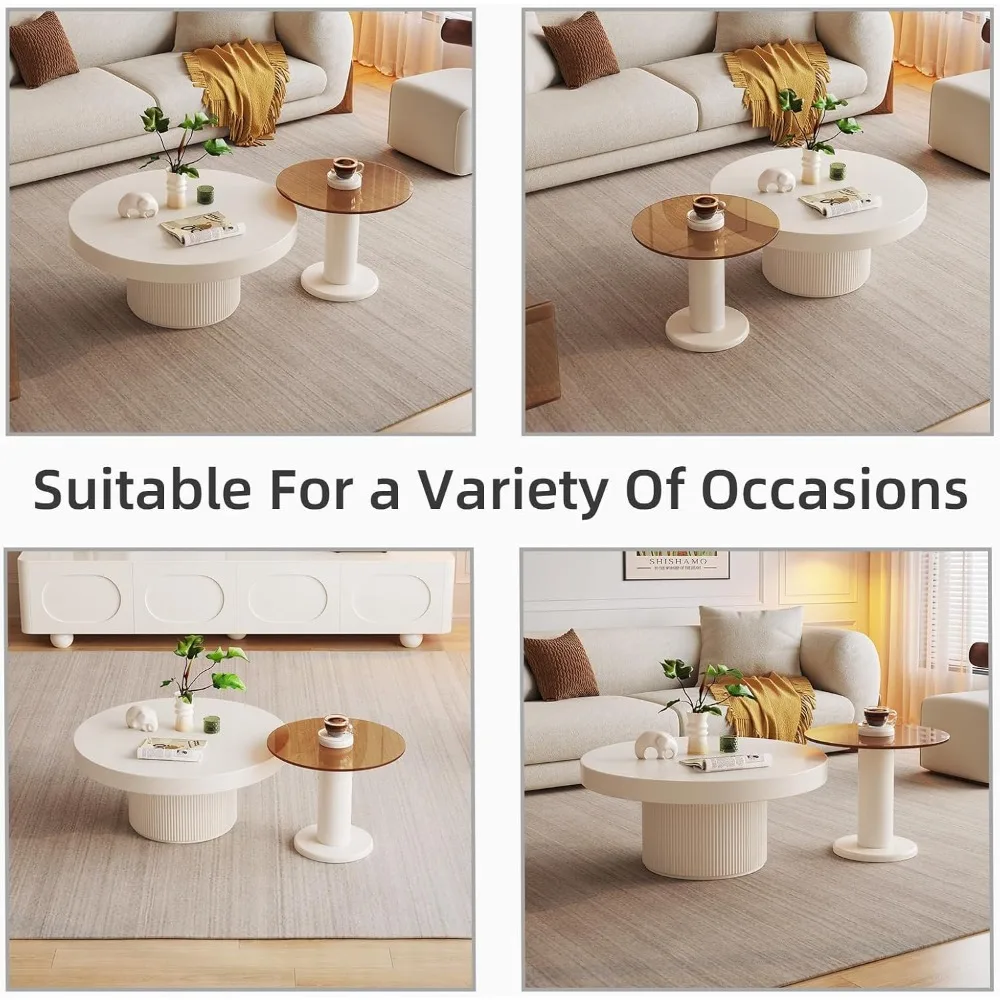 2-Pieces Modern Coffee Tables Set - Round Cream White Coffee Table & Small End Table for Living Room 3