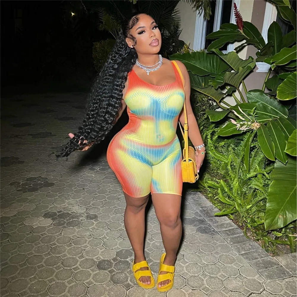 HLJ Fashion Gradient Printing Sporty Bodycon Rompers Women Round Neck Sleeveless Slim Jumpsuits Summer New Female Overalls 2024