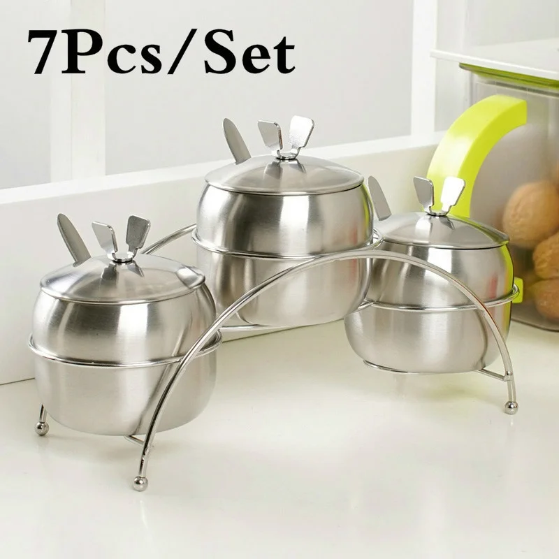 

7Pcs/Set Kitchen Supplies Apple Shape Stainless Steel Condiment Pot Spice Container Salt Sugar Bowl Serving Jars Pot Spoons