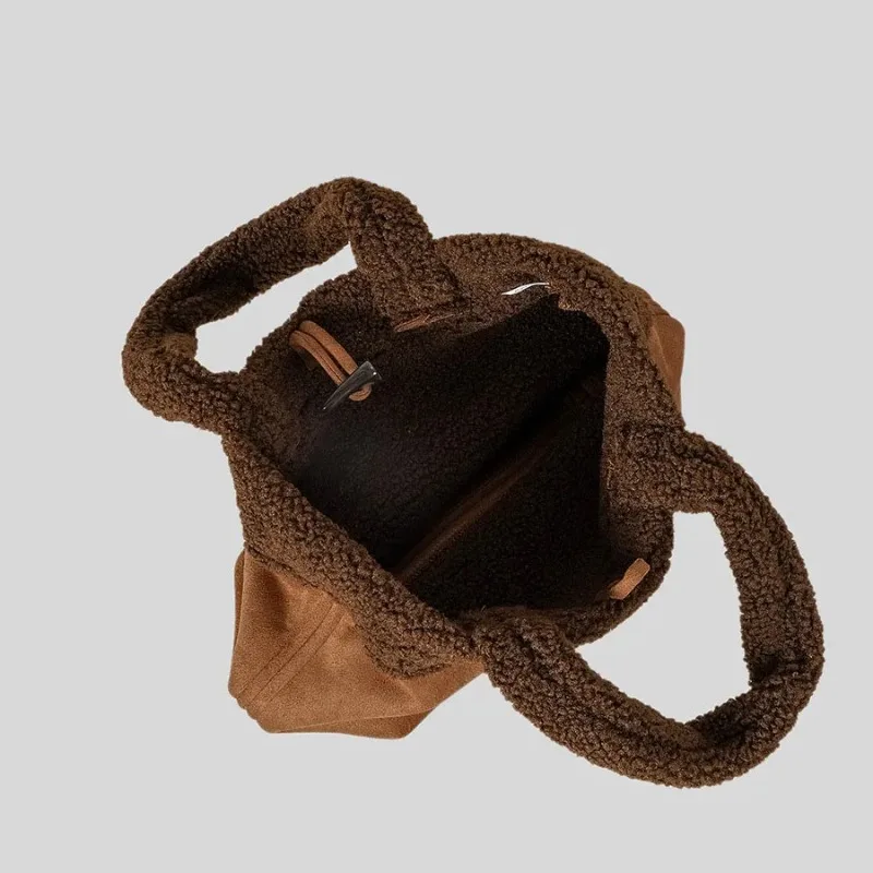 Fashion Women Handbags Luxury Faux Fur Suede Patchwork Shoulder Bag Small Tote Bags Warm Winter Female Purses 2023