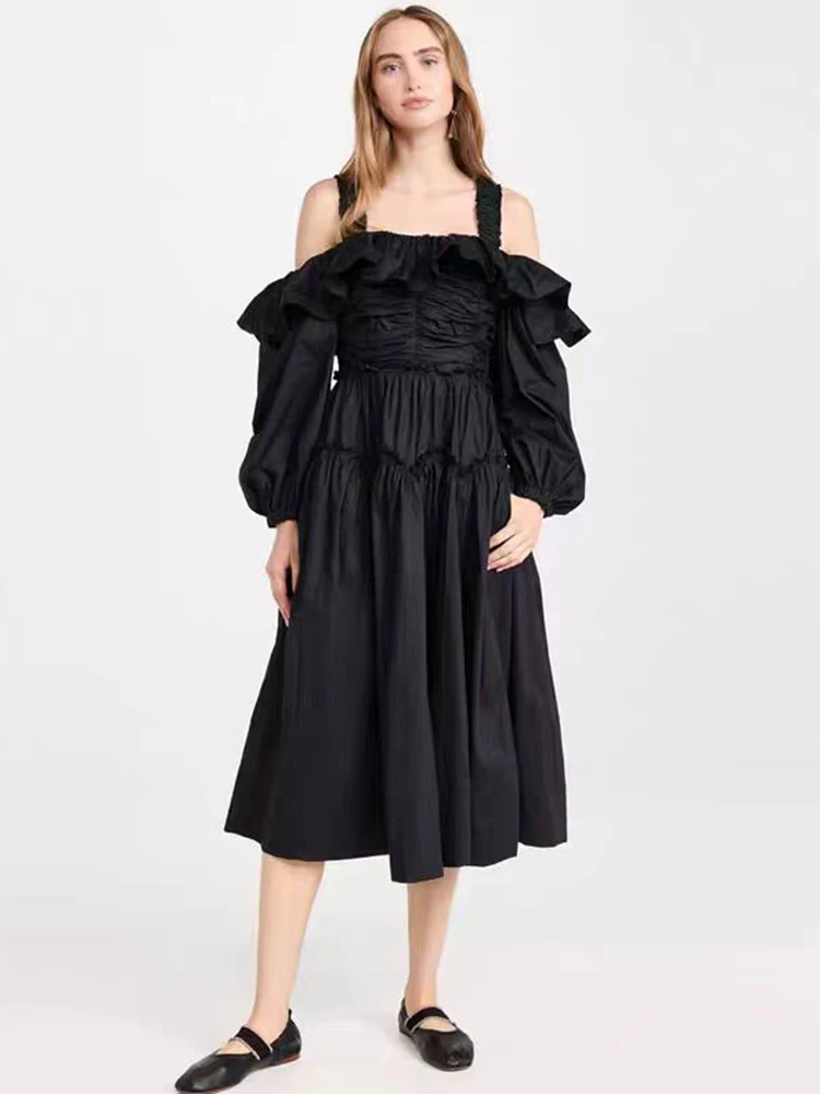 designer's-retro-solid-color-ruffled-neck-sexy-halter-drop-high-waist-dress-2024-summer-women's-new-fashion-loose-pouffant-skirt