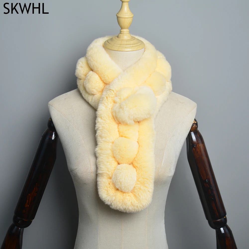 

2024 Brand New Women's Real Rex Rabbit Fur Pom Poms Fashion Shawl Poncho Scarf Autumn Winter Rabbit Fur Pashmina Wraps Soft