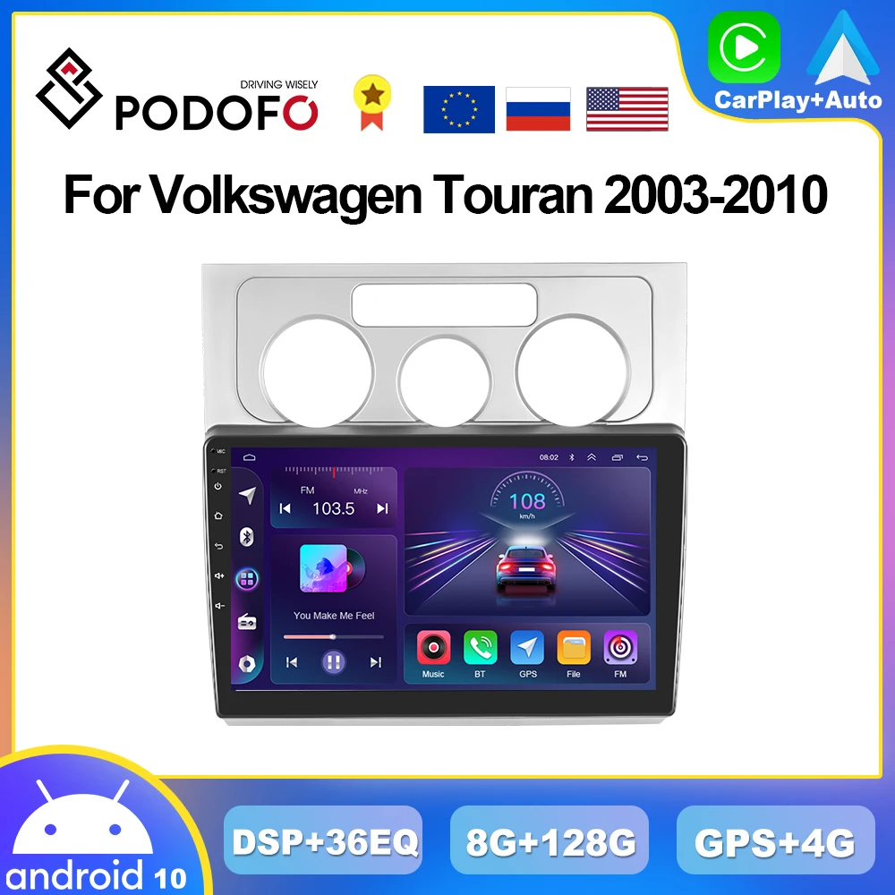 

Автомагнитола Podofo для Volkswagen Touran, мультимедийный проигрыватель на Android, 2DIN, 8 ГБ + 128 ГБ, GPS, AI, голосовое управление, для Volkswagen Touran 2003-2010