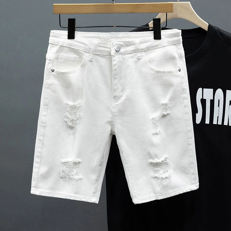 White Denim Shorts Men's Summer Fashion Ripped Soft Elastic Fit Straight Casual Korean Hole Short Jeans Hip-hop Streetwear 1