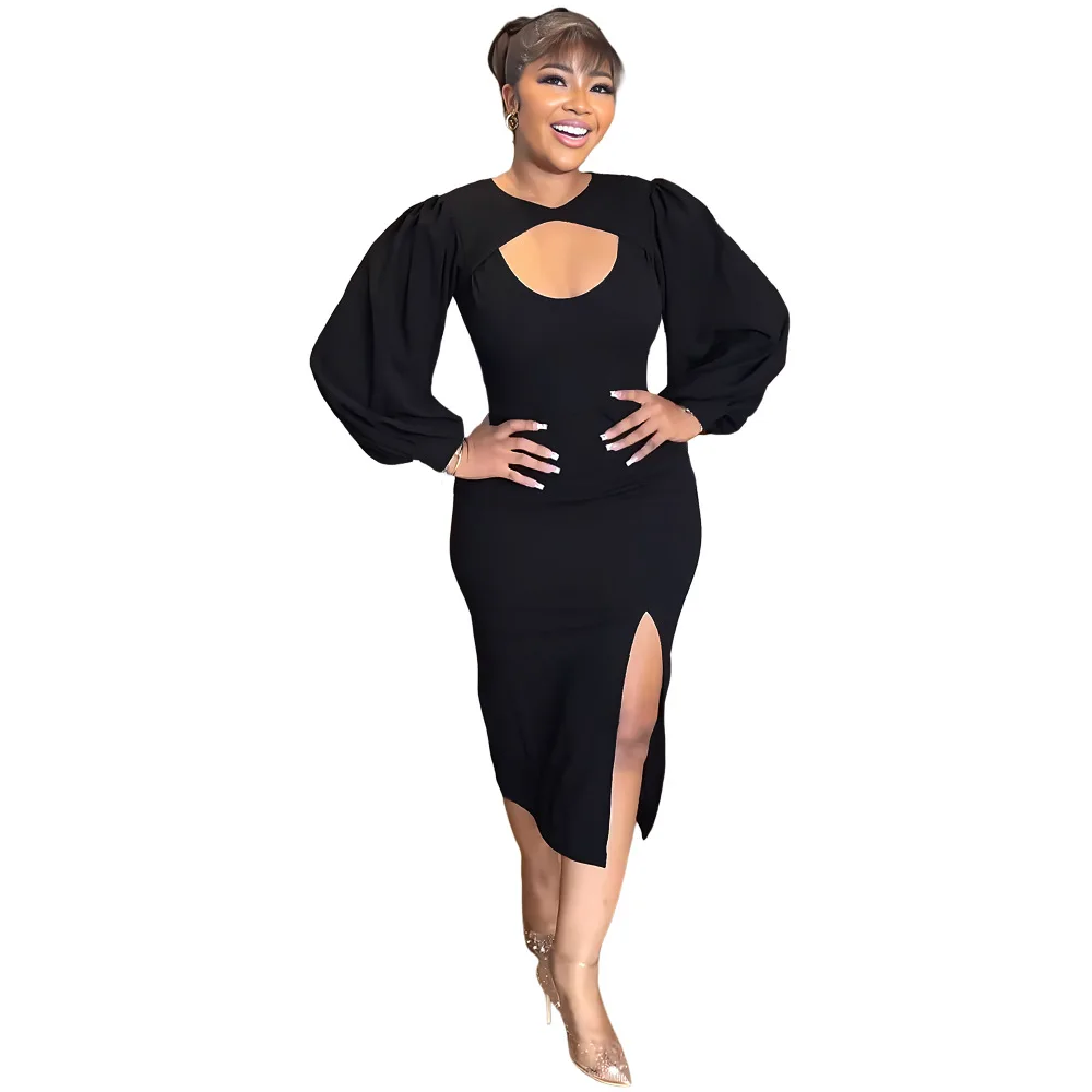 

African Pencil Dress Women Hollow O Neck Lantern Sleeve Robes 2023 Fashion New Solid Split Sexy OL Long African Dresses Vestidos