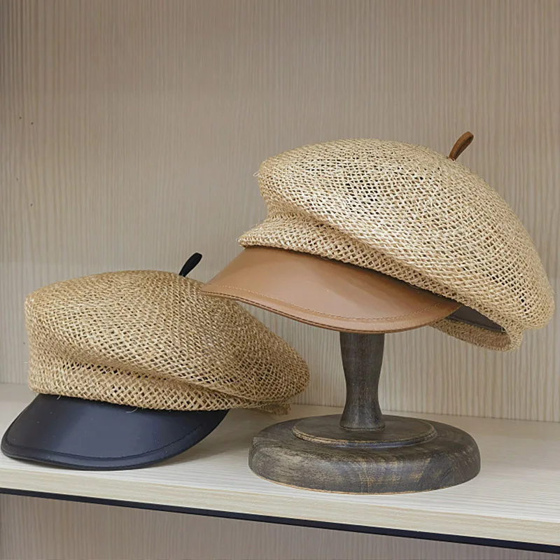

New Women Newsboy Hats PU Leather Visor Cap Straw Summer Cap Ladies Sun Hat Sloping Brim Cabbie Beret Girls Paperboy Cap Ivy Hat
