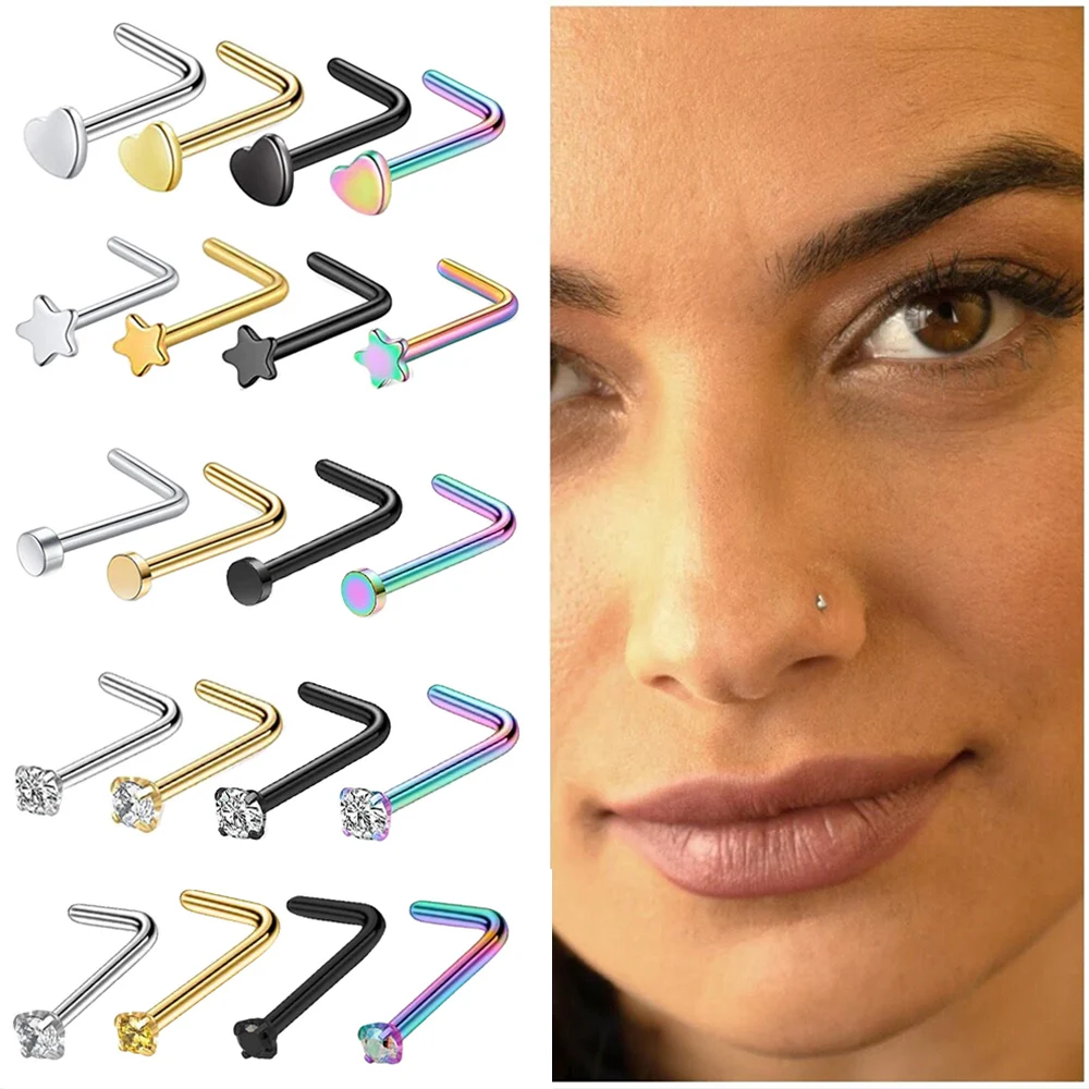 

Stainless Steel Nose Stud Love Heart Star Zircon Nose Studs Nose Ring 20G (0.8mm)x7mm Body Piercing Jewelry For Women Wen Gift